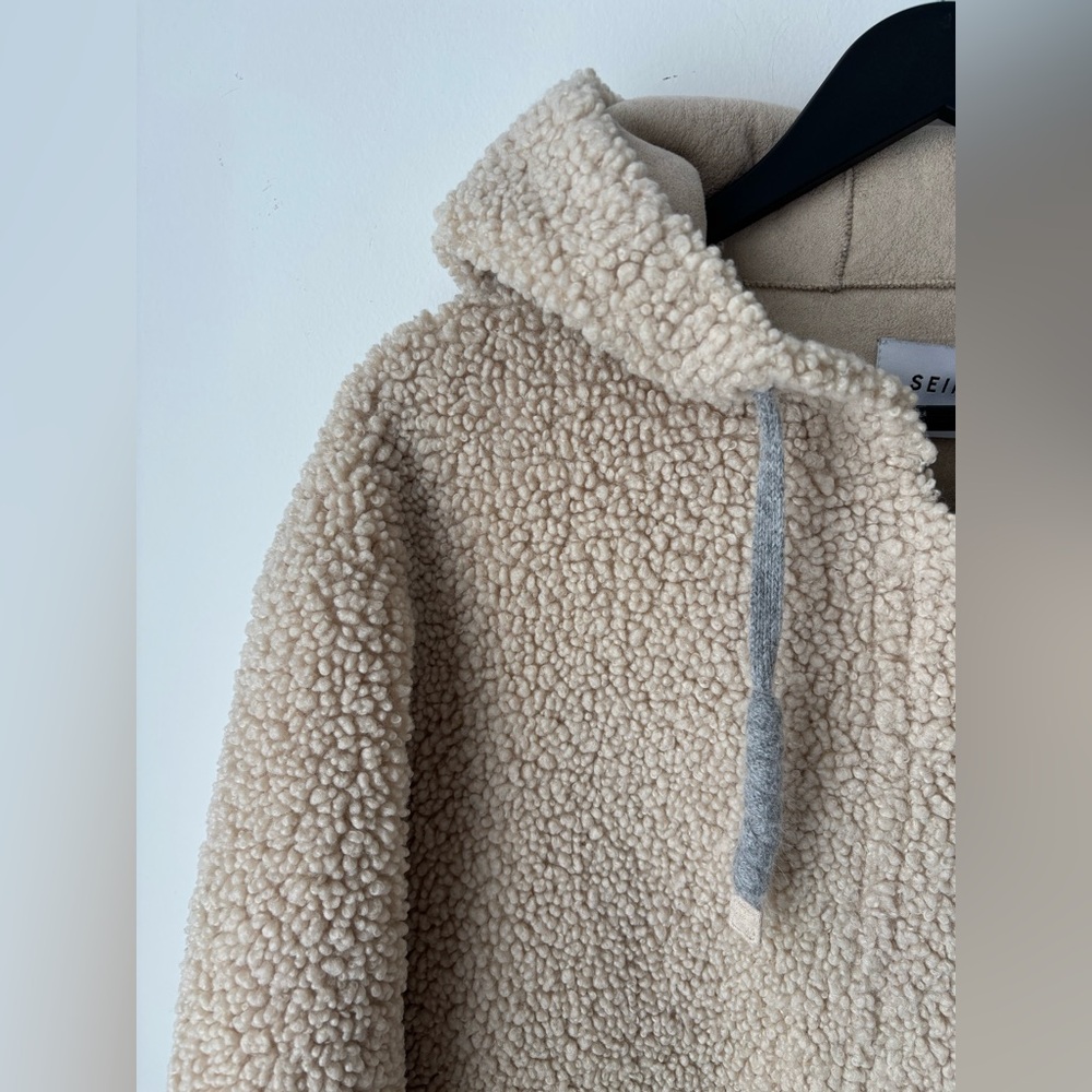 SEIFINI cropped Sherpa Teddy Jacket XS Beige Cozy Hooded Zip Snap Fleece Soft - Picture 2 of 13